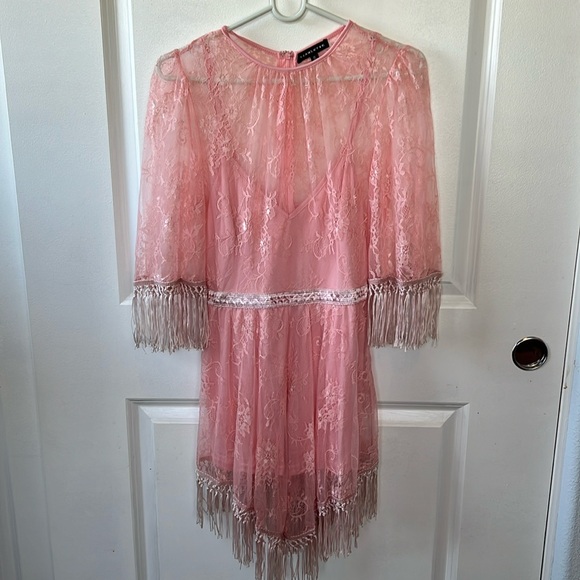 💗 2/$25 💗 Victorian style pink lace fringe tassels coquette cottagecore top S - Picture 1 of 8